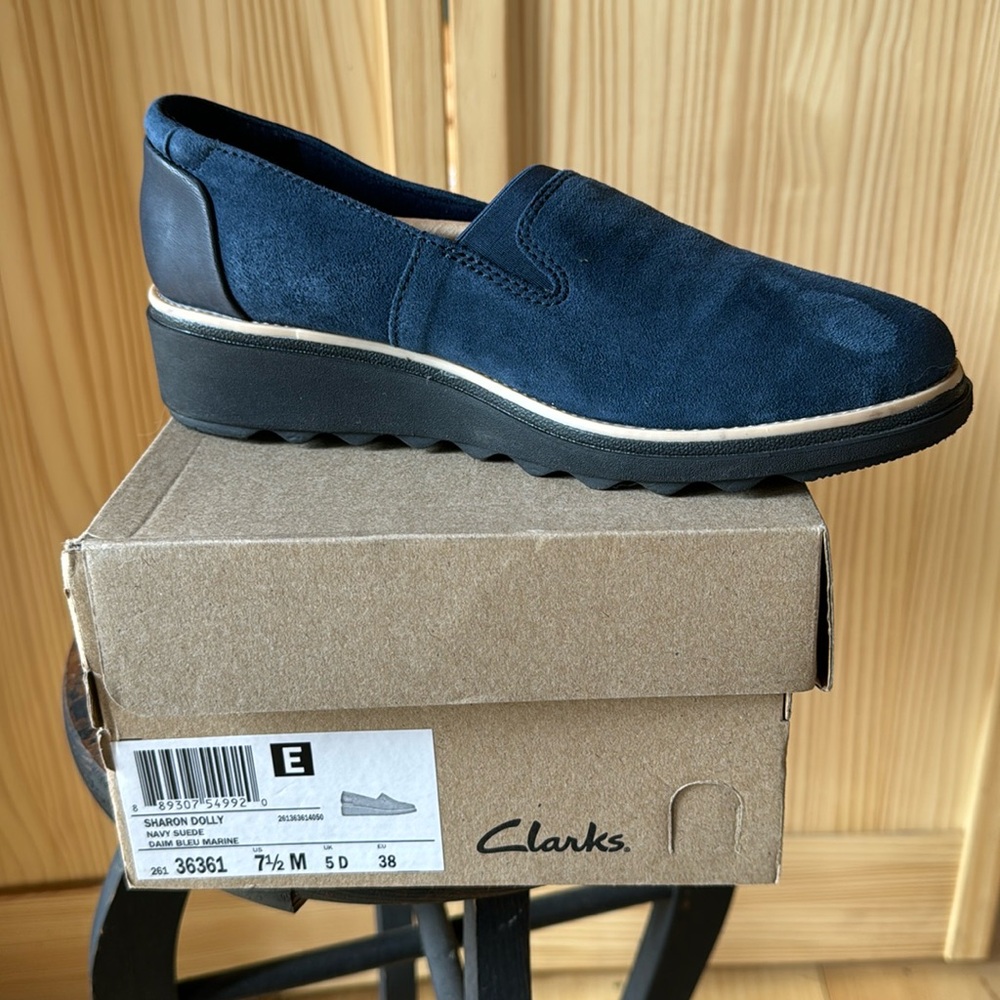 Clarks “Sharon Dolly” Navy Suede slip ons